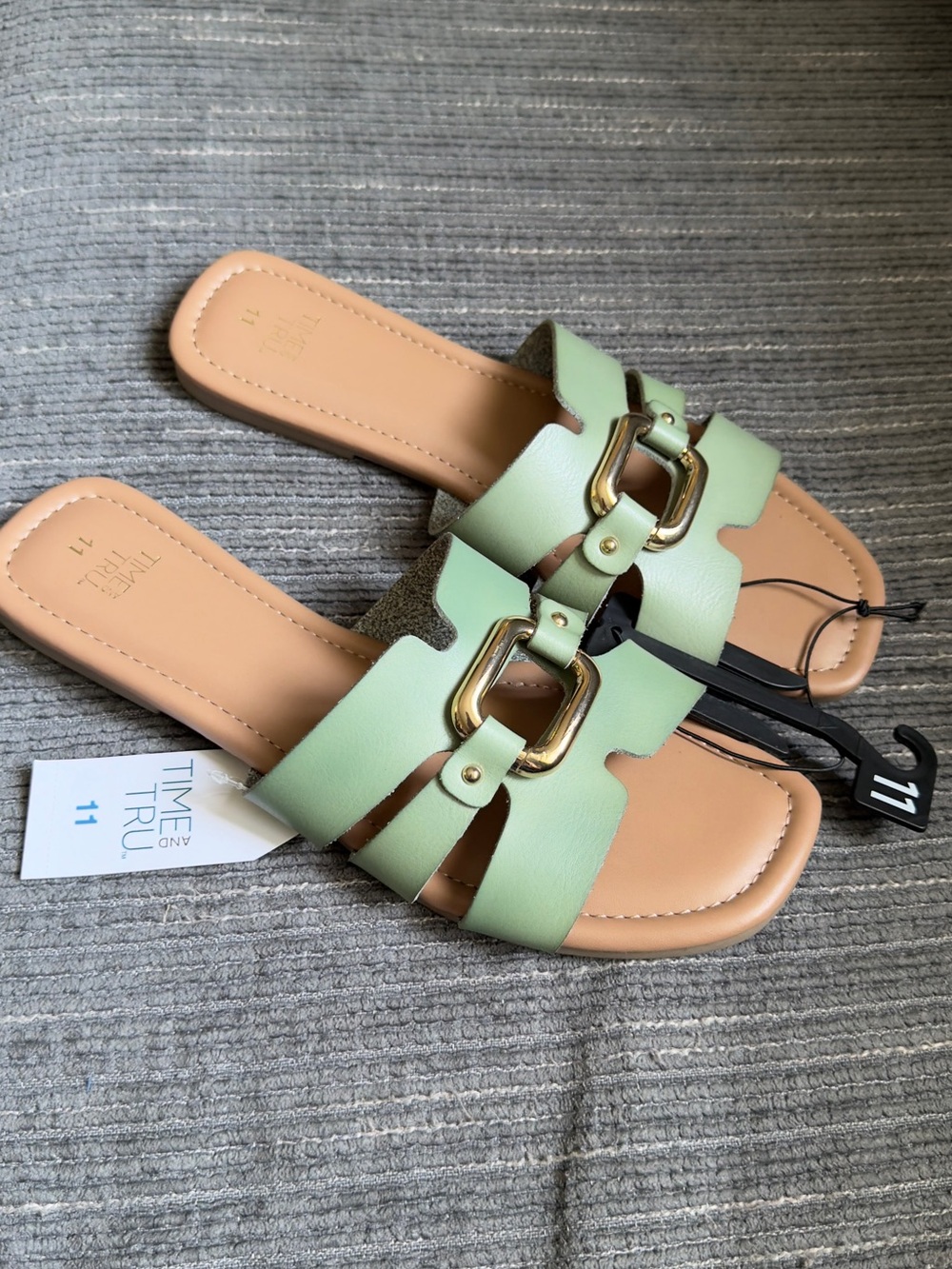 Time and Tru Mint Green Slide Sandals with Gold Buckle